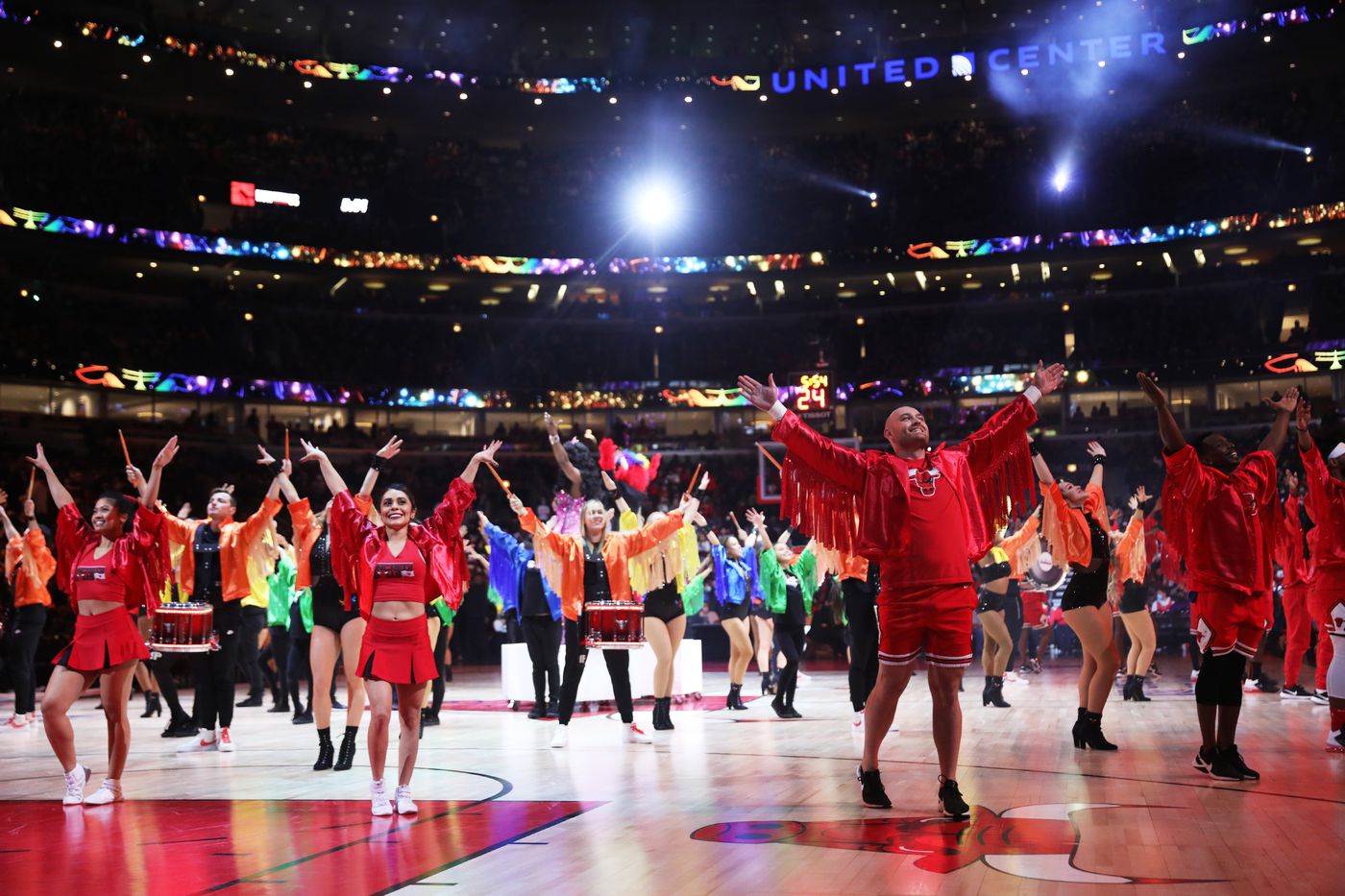 Performers take the court during halftime between the Chicago Bulls and Washington Wizards at United Center on Jan. 7, 2022, in Chicago.