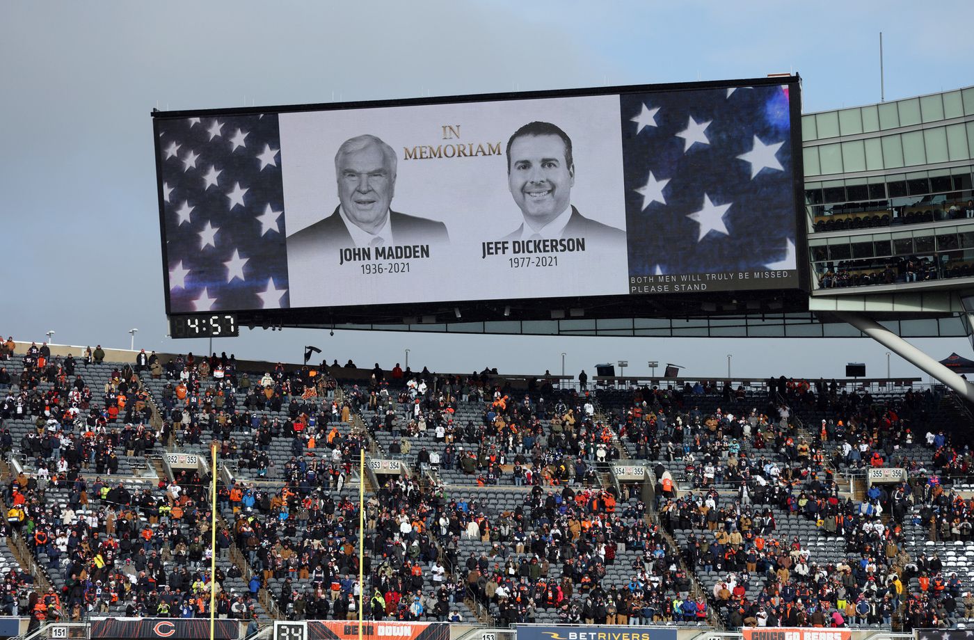 John Madden and Jeff Dickerson are honored before the Bears and Giants play on Jan. 2, 2022 at Soldier Field.