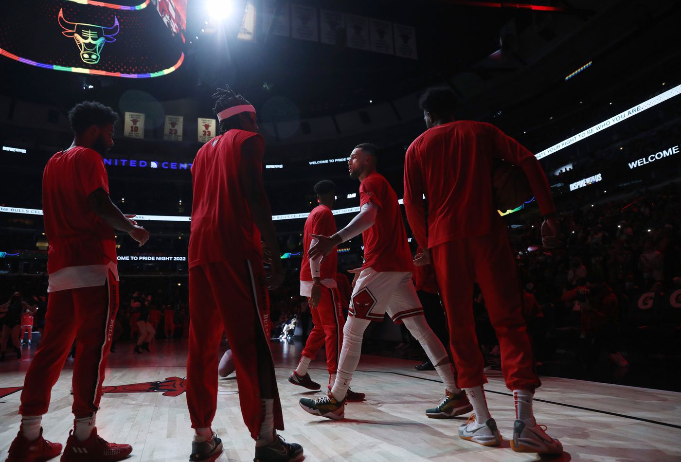 Chicago Bulls guard Zach LaVine (8), center right, is introduced for a game against the Washington Wizards at United Center on Jan. 7, 2022, in Chicago.