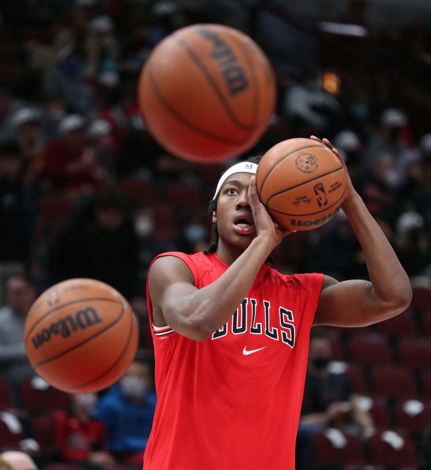 Chicago Bulls guard Ayo Dosunmu (12) warms up for a game against the Washington Wizards at United Center on Jan. 7, 2022, in Chicago.