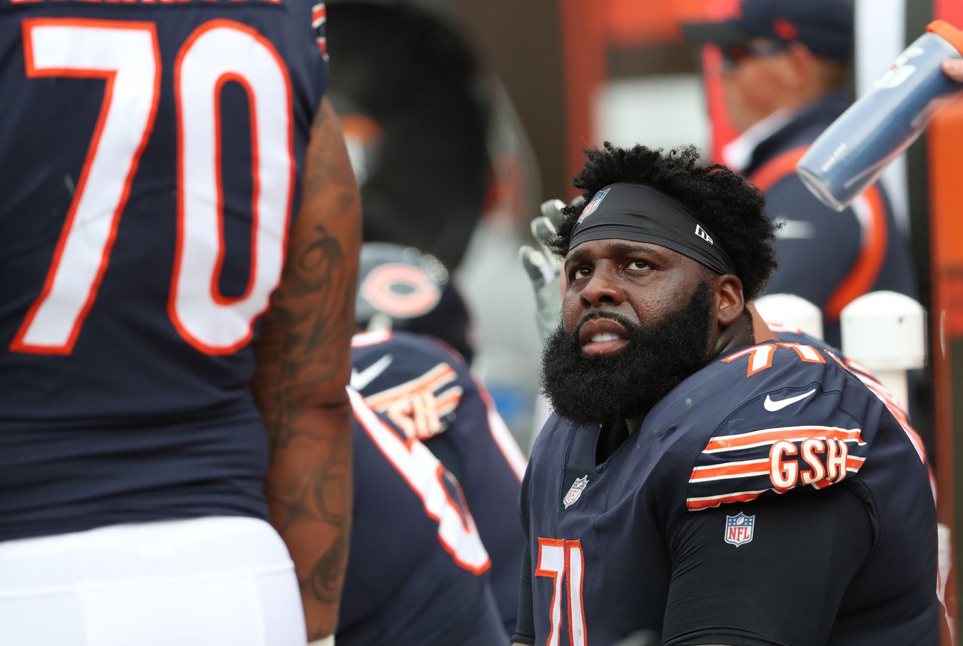 Bears offensive tackle Jason Peters looks at the video board while sitting on the sideline bench in the fourth quarter against the Browns at FirstEnergy Stadium on Sept. 26, 2021.