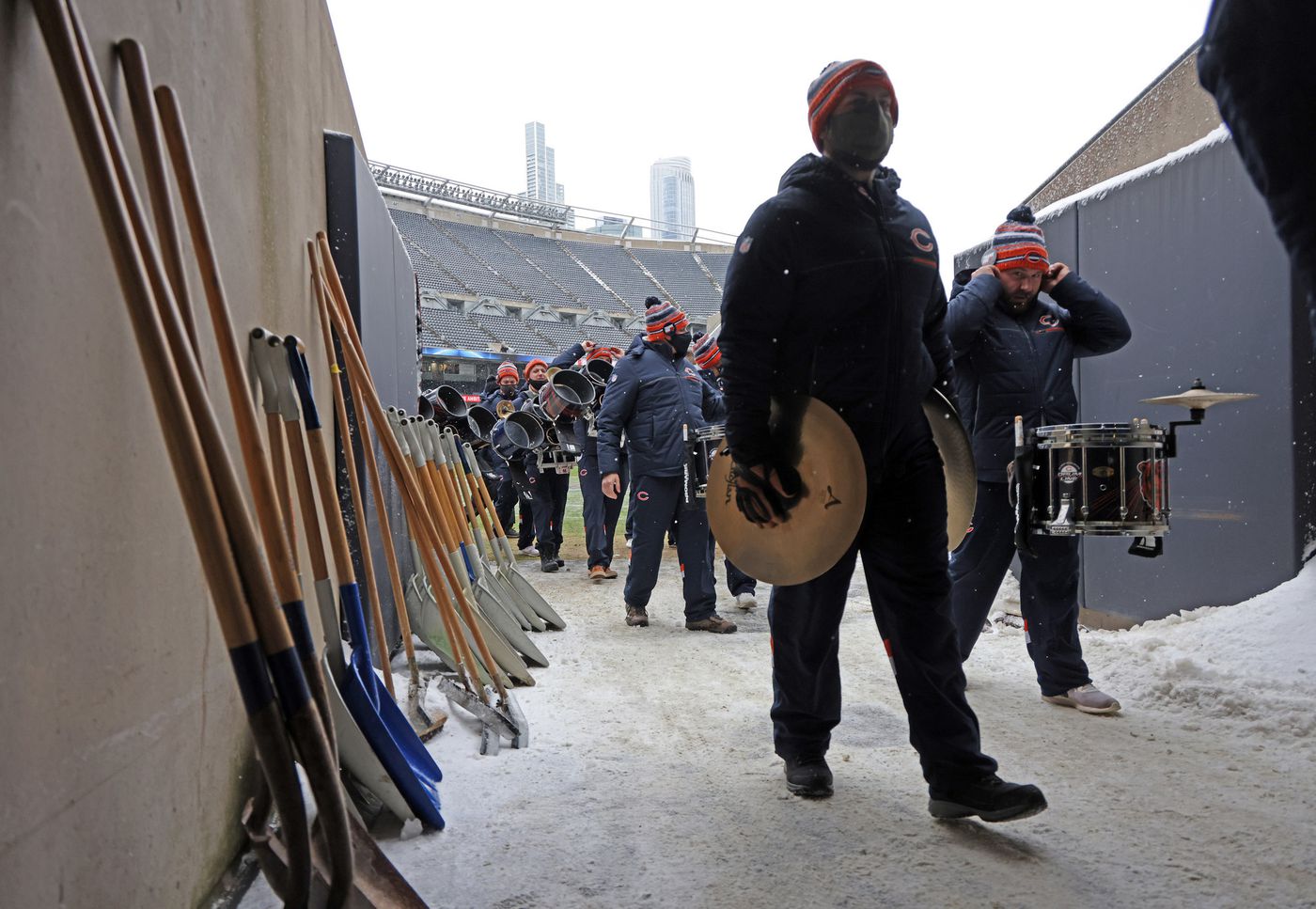 The Bears band prepares for a snowy game against the Giants on Jan. 2, 2022, at Soldier Field.