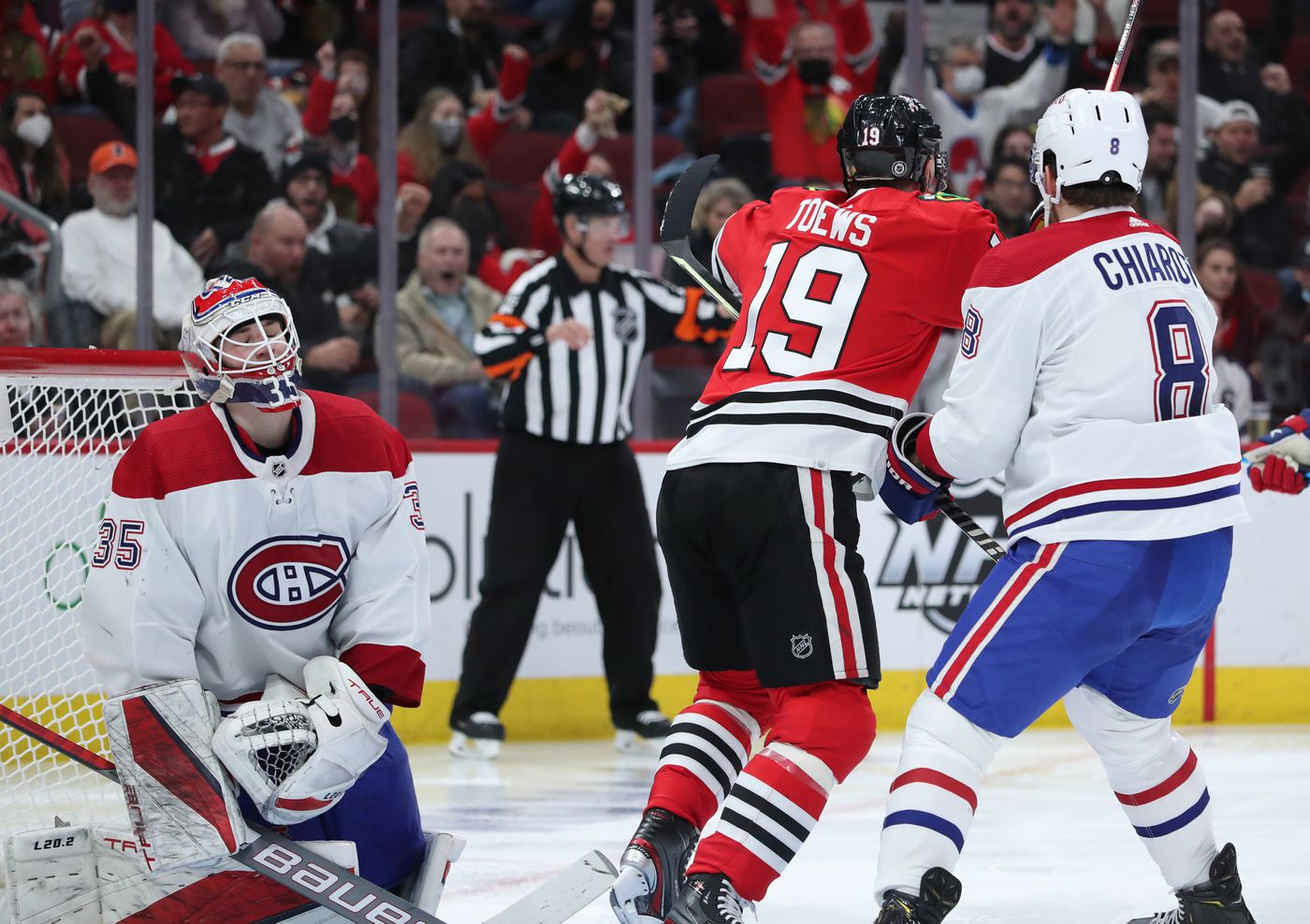 Montreal Canadiens goaltender Sam Montembeault (35) closes his eyes after Chicago Blackhawks right wing Patrick Kane (88) scores a goal in the third period at United Center on Jan. 13, 2022, in Chicago.