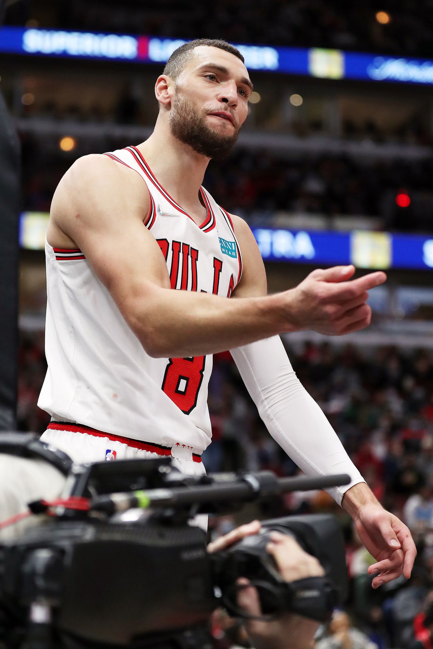 Bulls guard Zach LaVine (8) complains to an official in the second half.