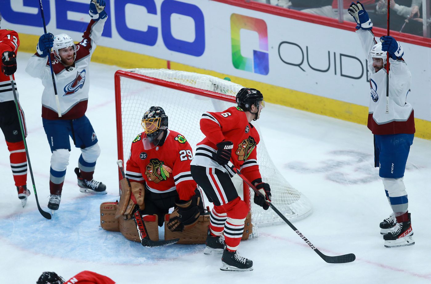 Blackhawks goaltender Marc-André Fleury (29) reacts after giving up the tying goal to the Avalanche in the third period.