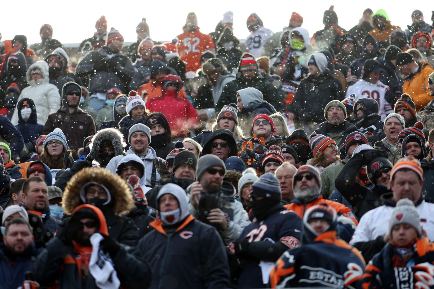 Chicago Bears fans stand before the game on Jan. 2, 2022 at Soldier Field.