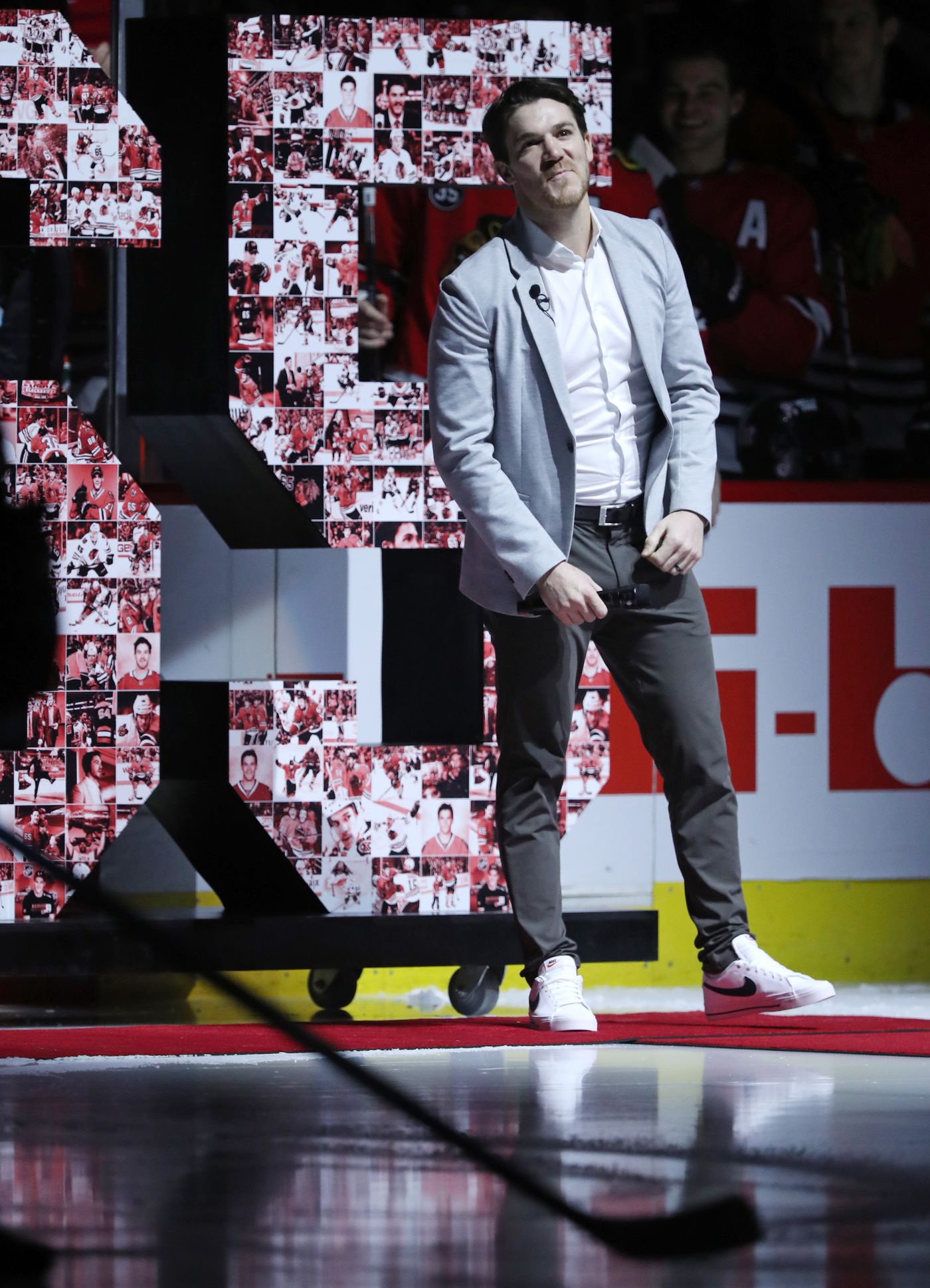 Former Chicago Blackhawks player Andrew Shaw is introduced for a pregame ceremony in his honor before a game between the Blackhawks and Montreal Canadiens at United Center on Jan. 13, 2022, in Chicago.