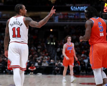 DeMar DeRozan scores 38 points — his 5th straight game with at least 35 — leading the short-handed Chicago Bulls past the Oklahoma City Thunder
