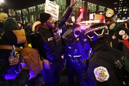 Protesters raise voices in the Loop after ex-cop Jason Van Dyke, convicted in shooting of Laquan McDonald, leaves prison
