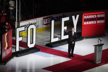In true Pat Foley fashion, ‘Hawks win! Hawks win!’ in the Chicago Blackhawks broadcaster’s send-off
