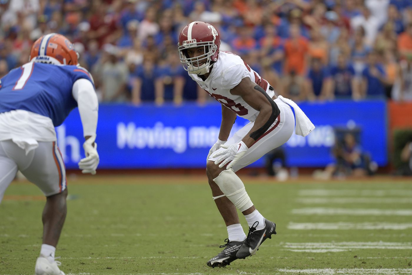 Alabama defensive back Josh Jobe (28) defends against Florida wide receiver Jacob Copeland (1) during the first half of a game, Sept. 18, 2021, in Gainesville, Fla.