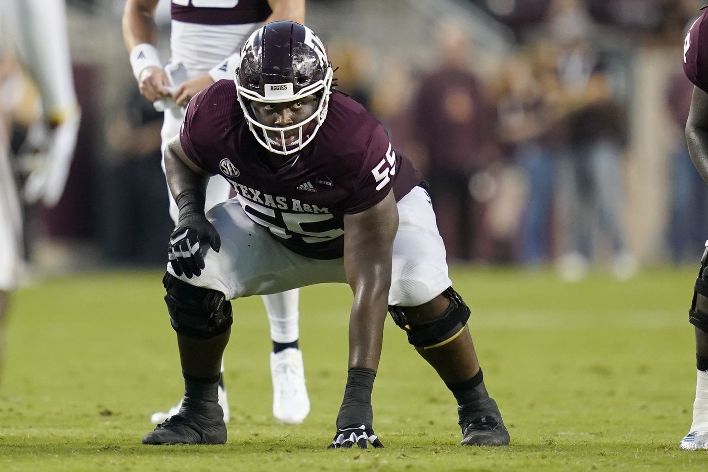 Texas A&M offensive lineman Kenyon Green (55) sets up in his stance before a play against Mississippi State during the first half, Oct. 2, 2021, in College Station, Texas.