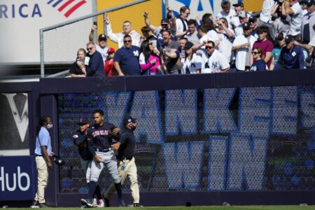 Ugly scene at Stadium as ‘classless’ Yankees fan throw stuff at Guardians outfielders after walk-off win
