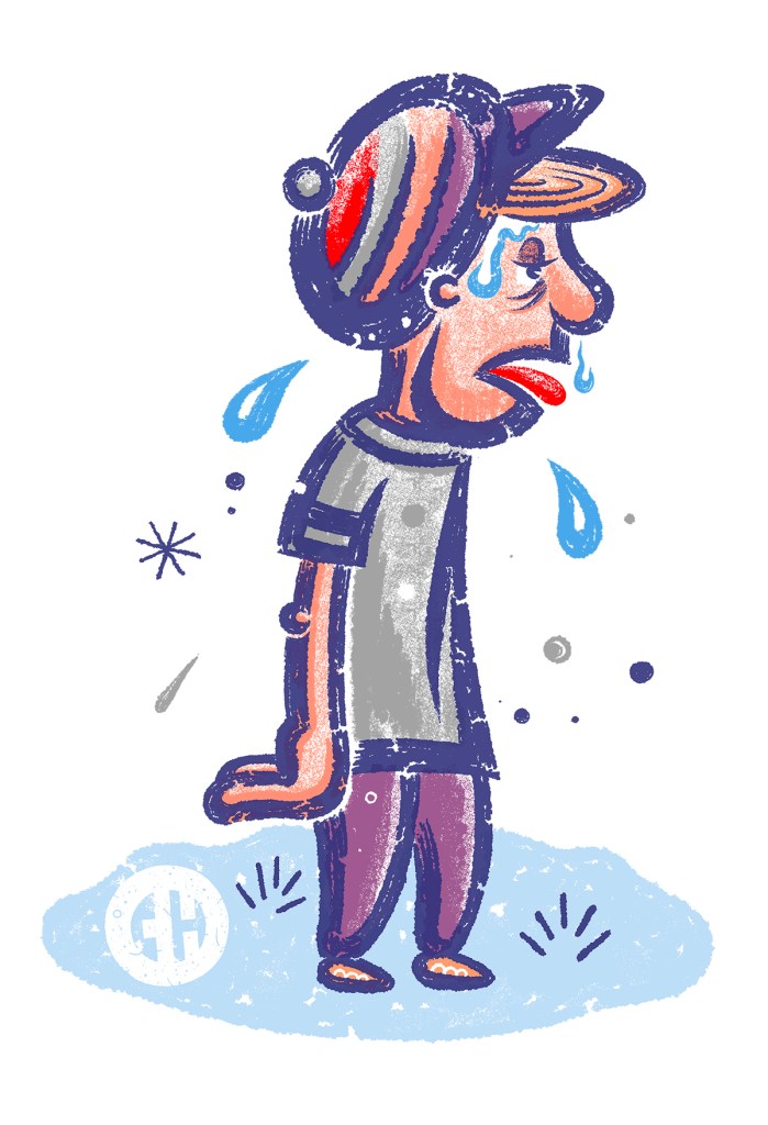 A cartoony illustration of a festivalgoer panting and sweating in the heat