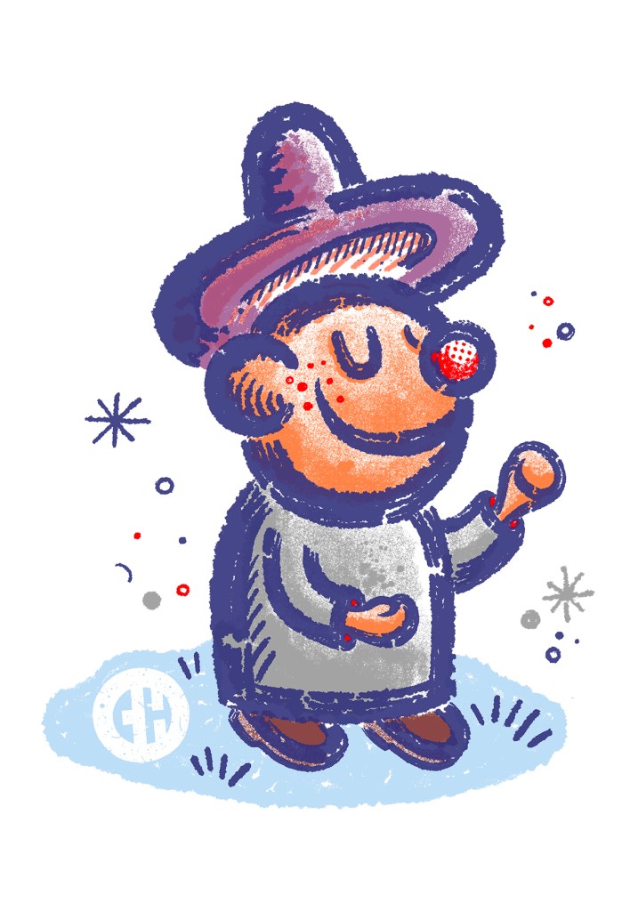 A cartoony illustration of a festivalgoer smiling and dancing in a large peaked hat
