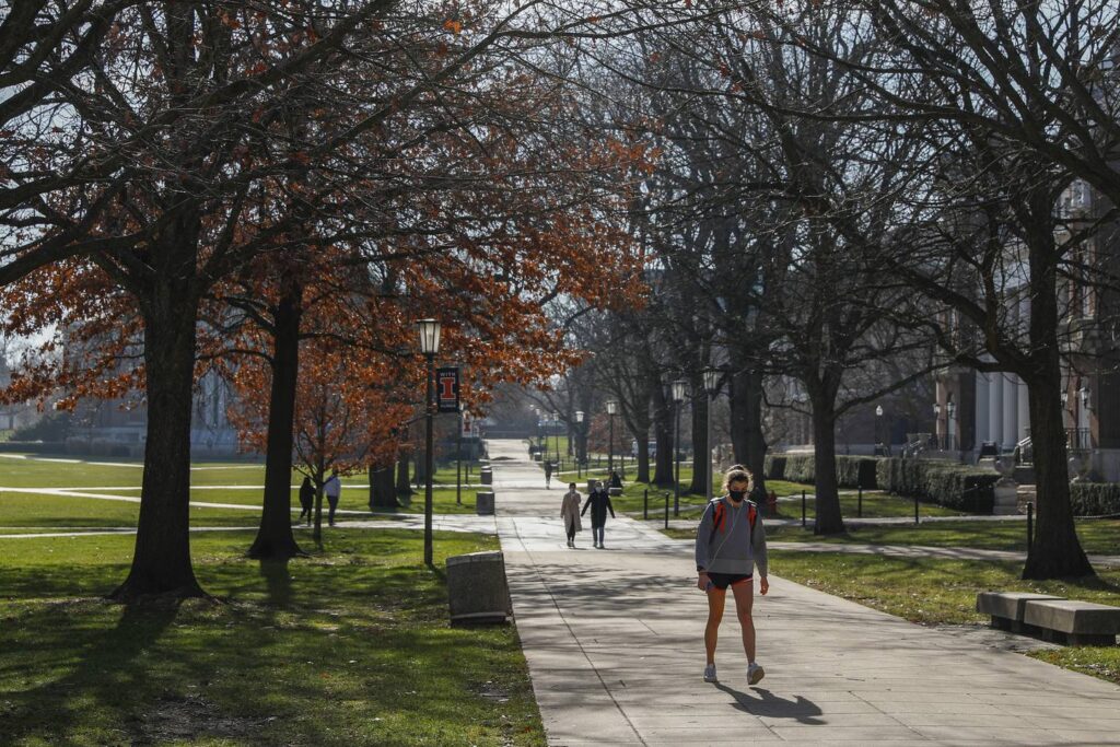 COVID cases spike at U of I. Masks are now ‘strongly recommended’ but not mandated in most settings on campus.