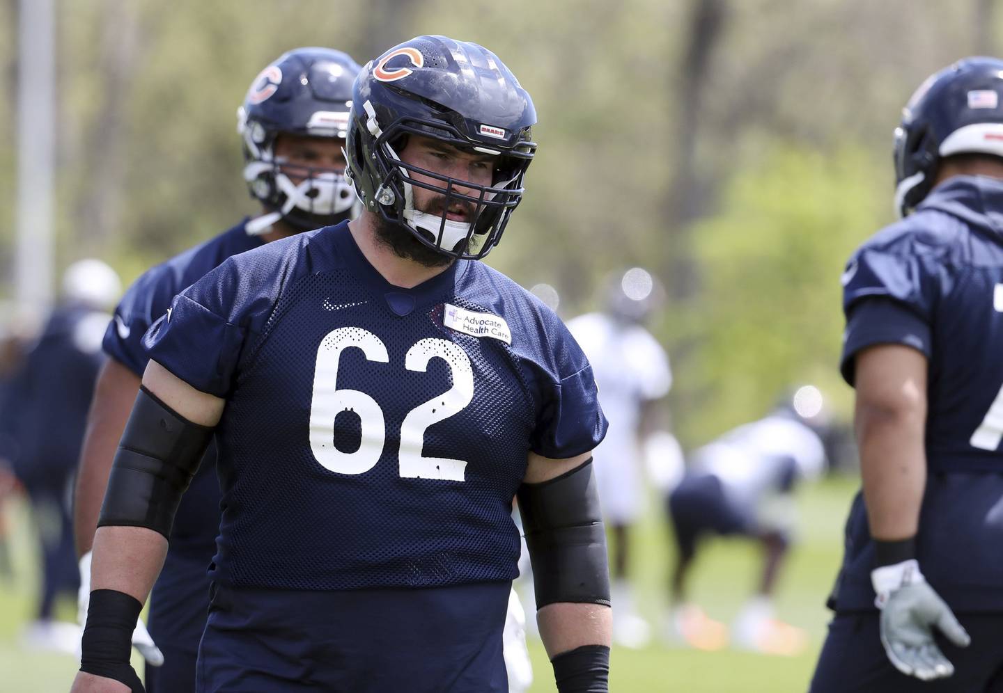 Bears offensive lineman Lucas Patrick works out during organized team activities on May 17 at Halas Hall in Lake Forest. 