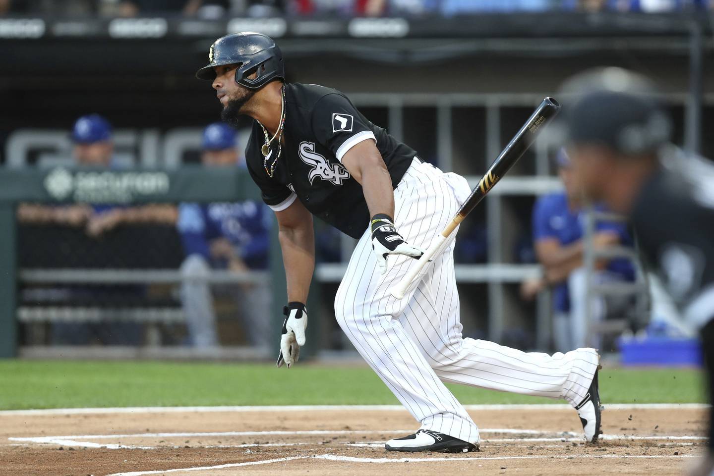 White Sox first baseman Jose Abreu hits an RBI single in the first inning against the Royals on Aug. 2 at Guaranteed Rate Field. 