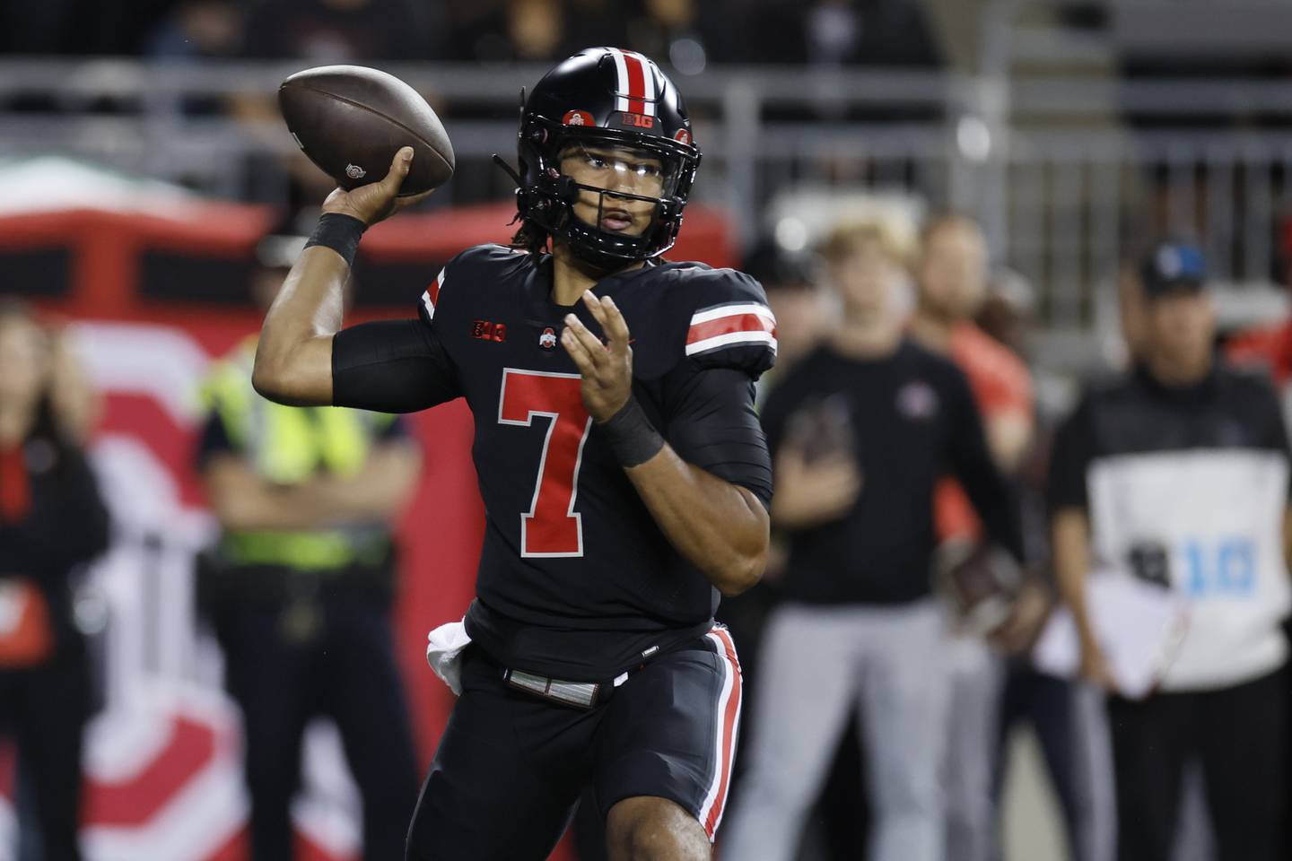 Ohio State quarterback C.J. Stroud looks to pass during a game against Wisconsin on Sept. 24.