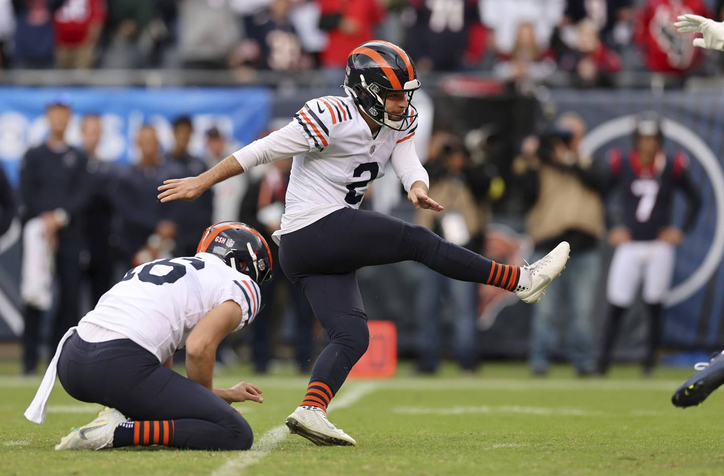 Bears kicker Cairo Santos follows through on his game-ending field goal in the fourth quarter against the Texans at Soldier Field on Sept. 25, 2022.
