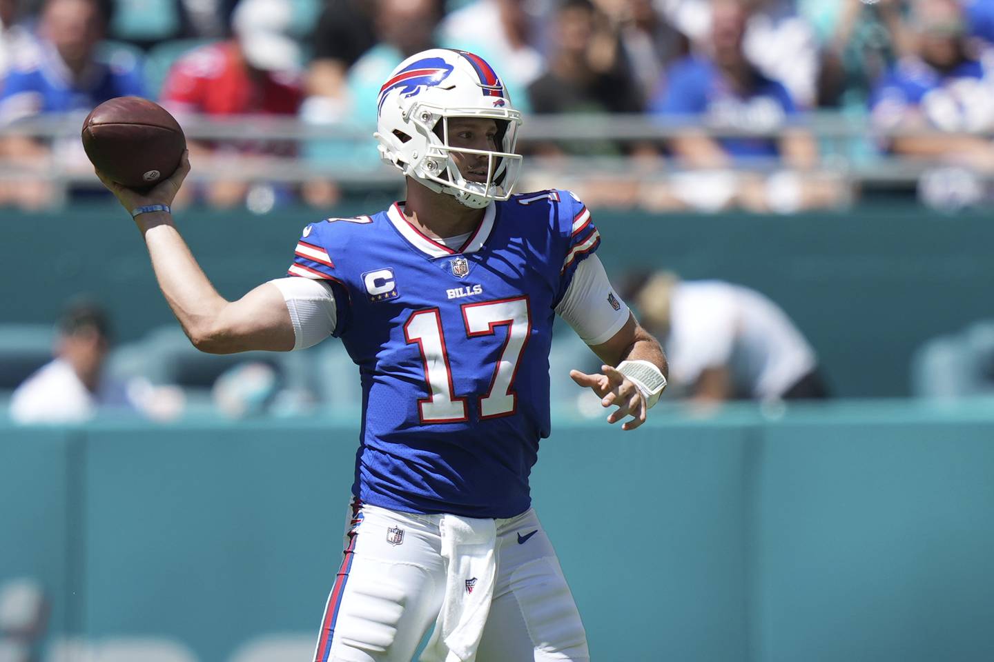 Bills quarterback Josh Allen makes a pass attempt during a game on Sept. 25, 2022.