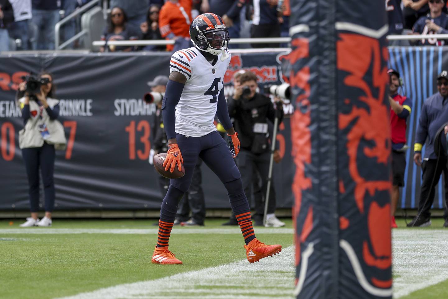 Bears safety Eddie Jackson walks in the end zone after getting an interception during the first quarter against the Texans at Soldier Field on Sept. 25, 2022.