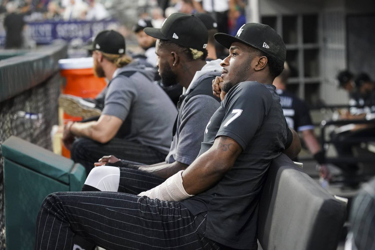 Tim Anderson sits in the dugout during a game against the Astros on Aug. 15, 2022, at Guaranteed Rate Field.