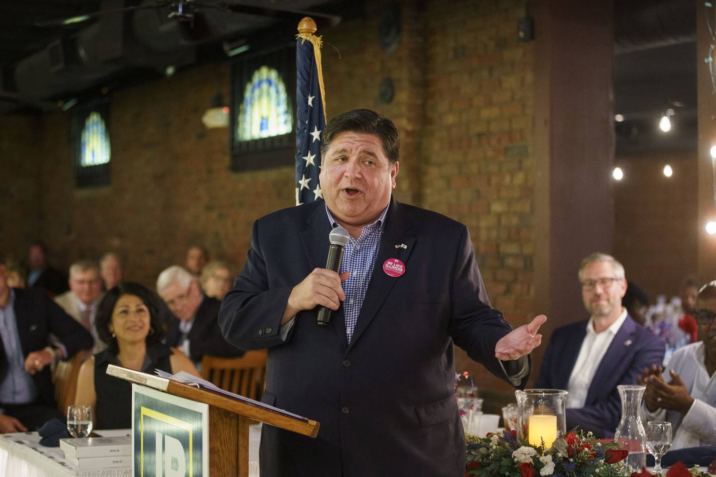 Gov. J.B. Pritzker at the Jackson County Democrats annual dinner during the “Working Families Bus Tour” on Aug. 25, 2022, in Murphysboro.