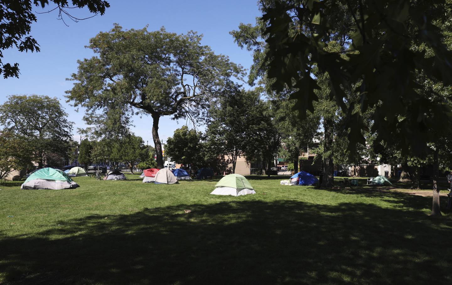 Tents are pitched at Touhy Park in the Rogers Park neighborhood on Sept. 29, 2022, in Chicago. 