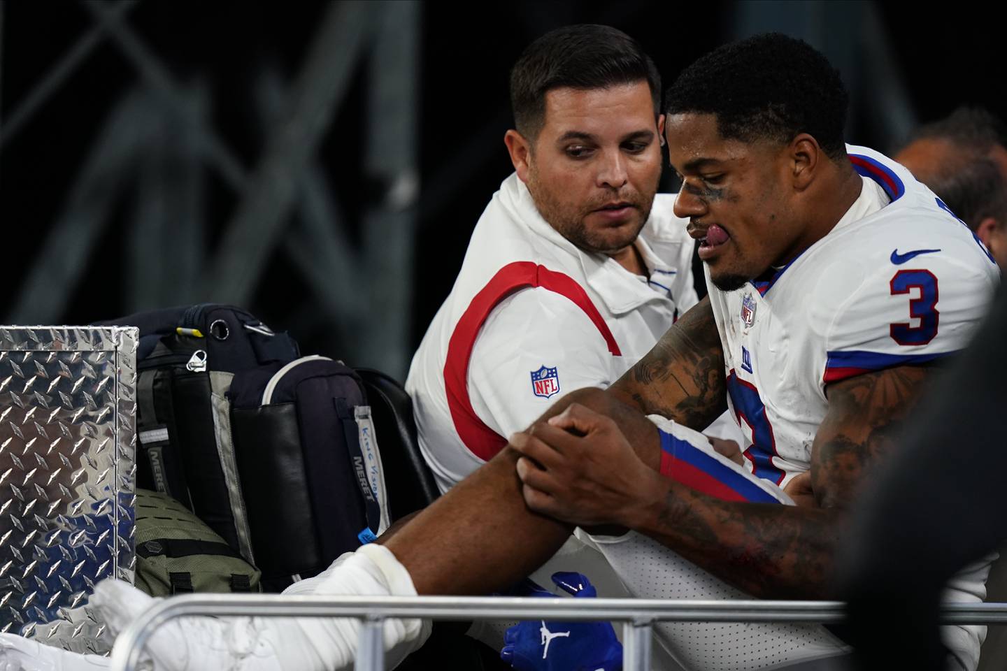 Giants wide receiver Sterling Shepard is carted off the field after suffering a left knee injury against the Cowboys on Monday in East Rutherford, N.J. 