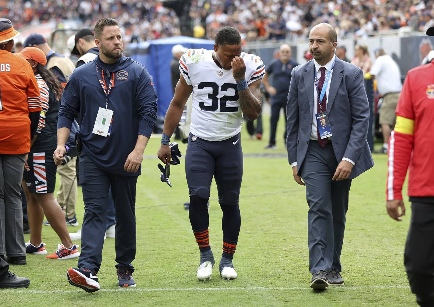 Bears running back David Montgomery heads to the locker room after suffering an ankle injury against the Texans on Sept. 25 at Soldier Field. 