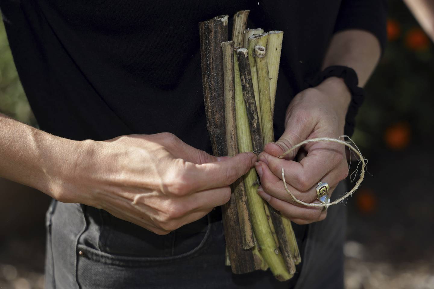 Emily Moorhead-Wallace bundles natural material into a pollinator nest at Star Farm on South Laflin Street in Chicago on Sept. 28, 2022.
