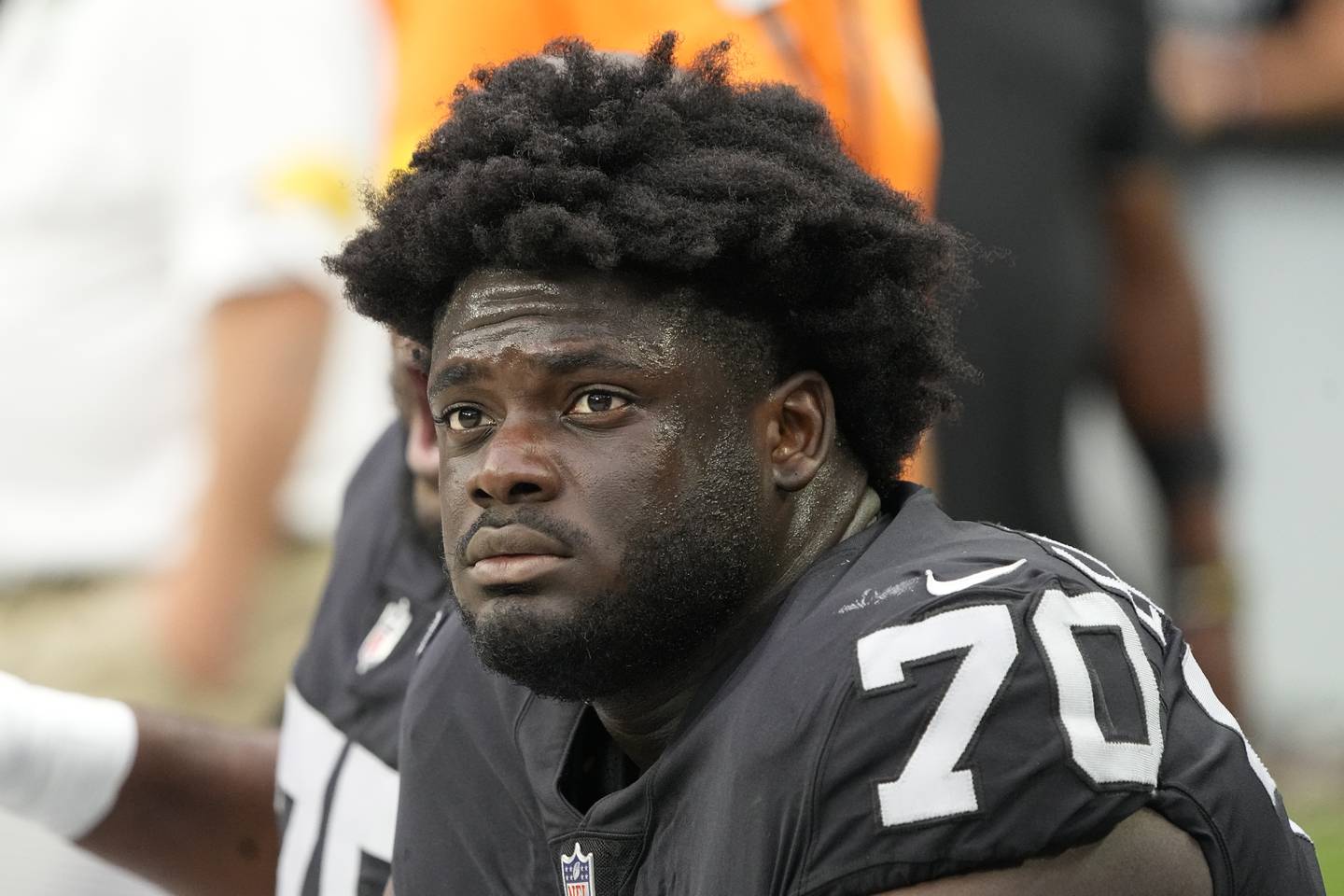 Raiders offensive tackle Alex Leatherwood (70) during a game against the Bears on Oct. 10, 2021, in Las Vegas.