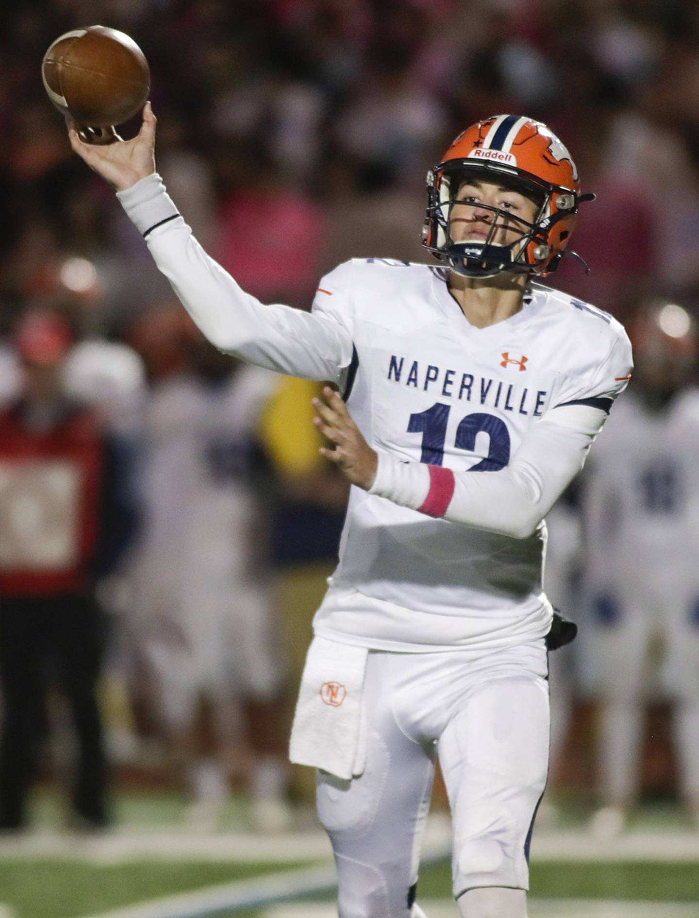 Naperville North quarterback Aidan Gray passes the ball against Naperville Central during a DuPage Valley Conference game in Naperville on Thursday, Oct. 20, 2022.