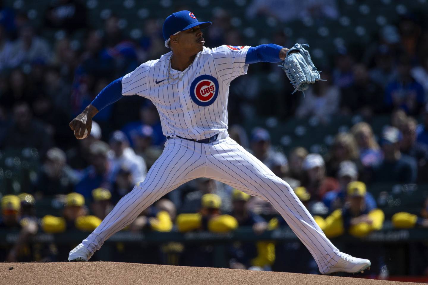Cubs starting pitcher Marcus Stroman delivers during the first inning against the Brewers on April 10 at Wrigley Field. 