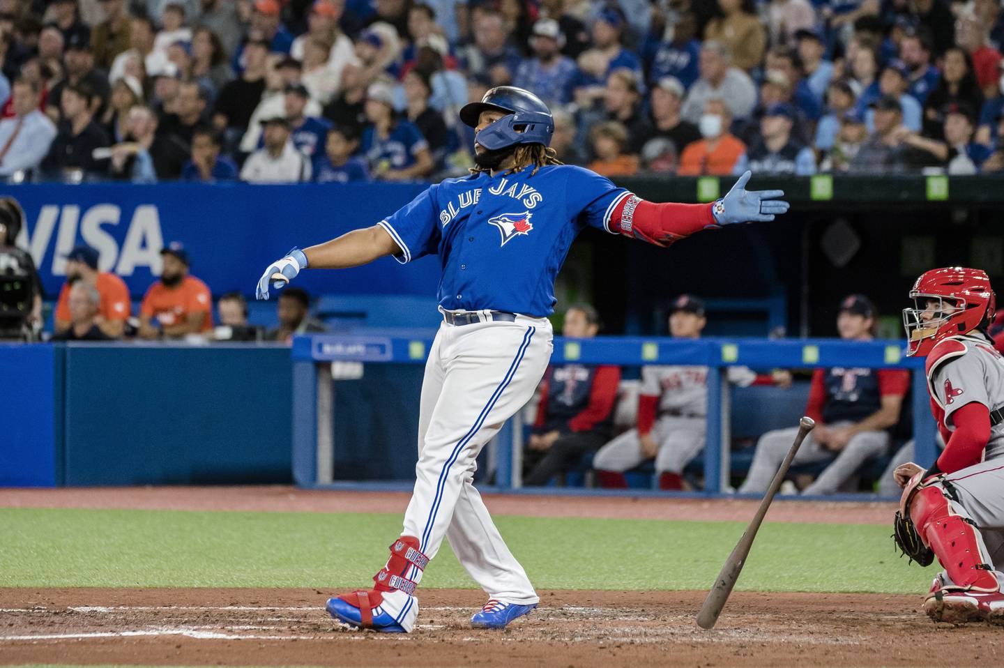 Blue Jays slugger Vladimir Guerrero Jr. watches his two-run home run against the Red Sox during the third inning Friday in Toronto.
