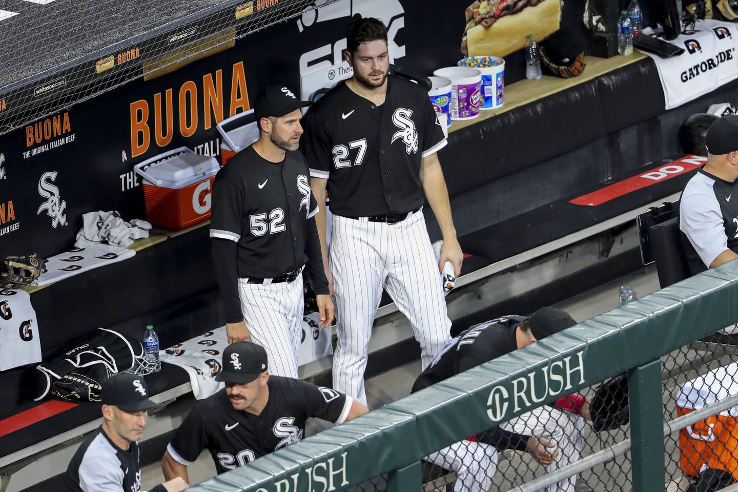 White Sox pitching coach Ethan Katz with starter Lucas Giolito in the dugout at Guaranteed Rate Field on May 25, 2021.