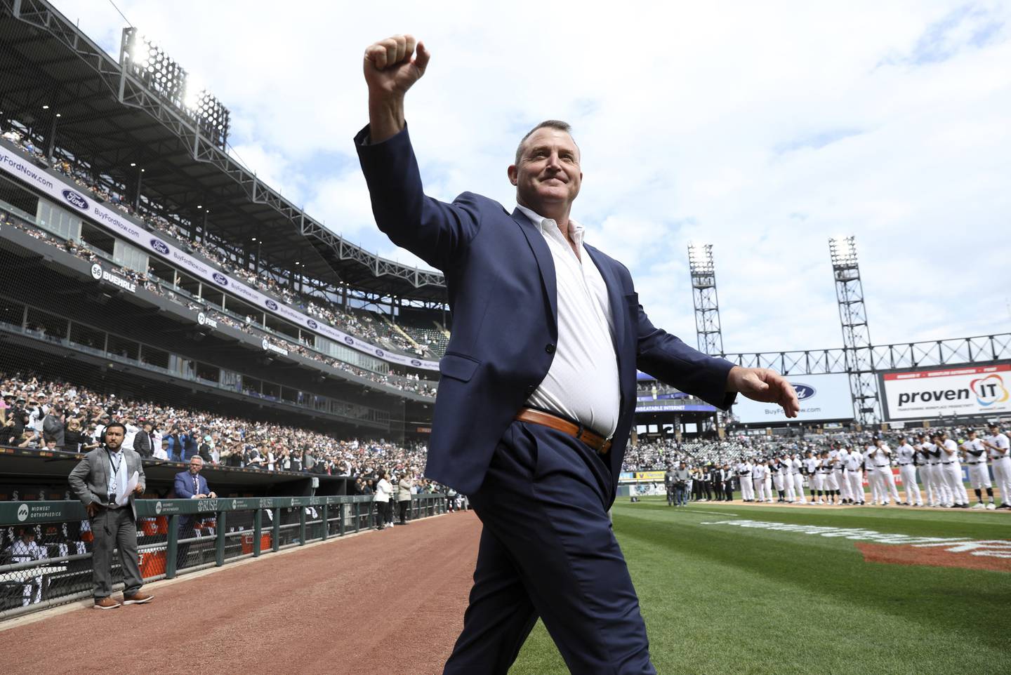 Former White Sox player Jim Thome is introduced before the start of a game at Guaranteed Rate Field on April 12, 2022.