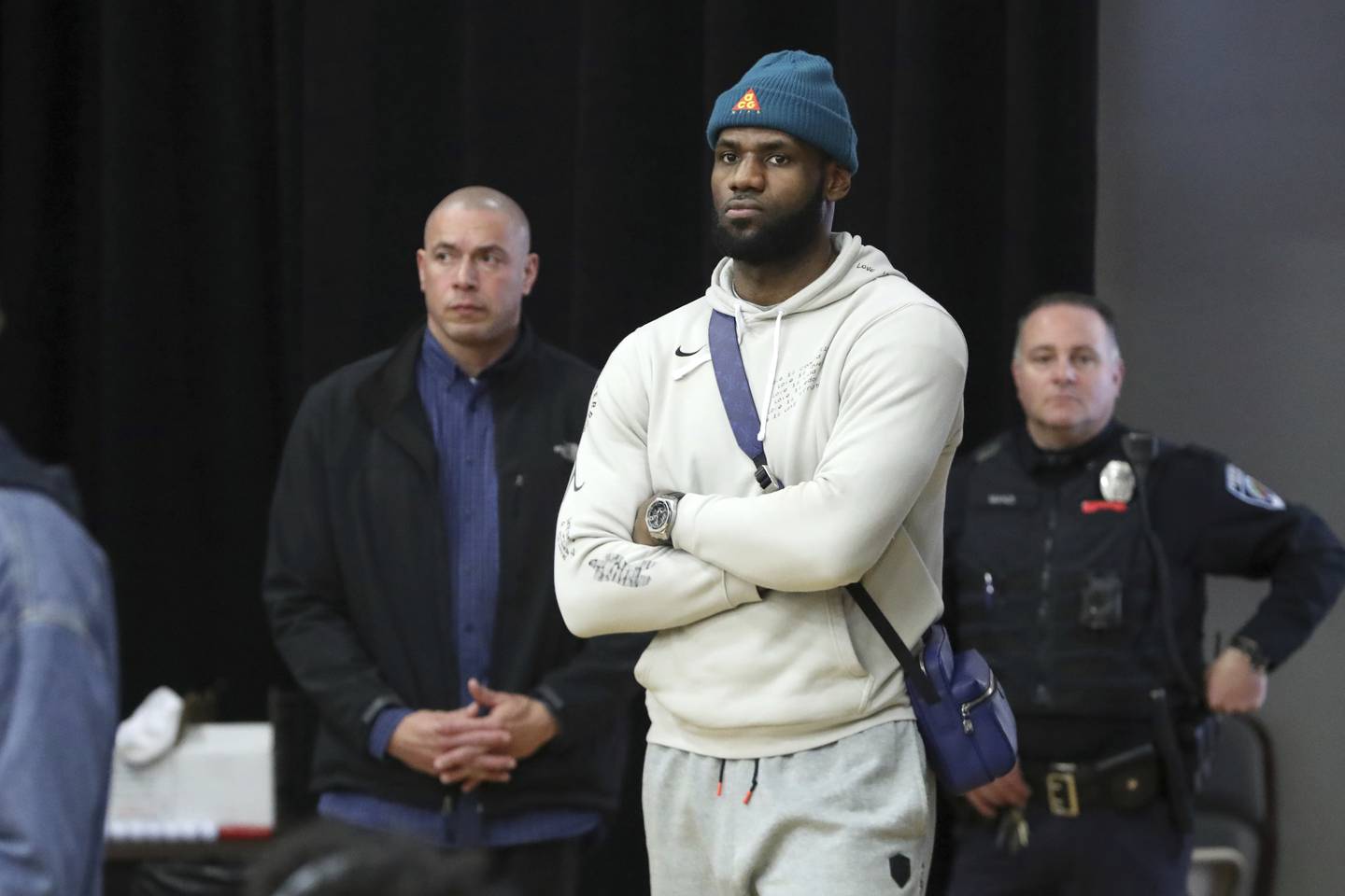 LA Lakers forward LeBron James waits for the end of the game to meet his son, Sierra Canyon's Bronny James, after their defeat at the hands of Paul VI in a high school basketball game at the Hoophall Classic, Monday, January 20, 2020, in Springfield, MA. 