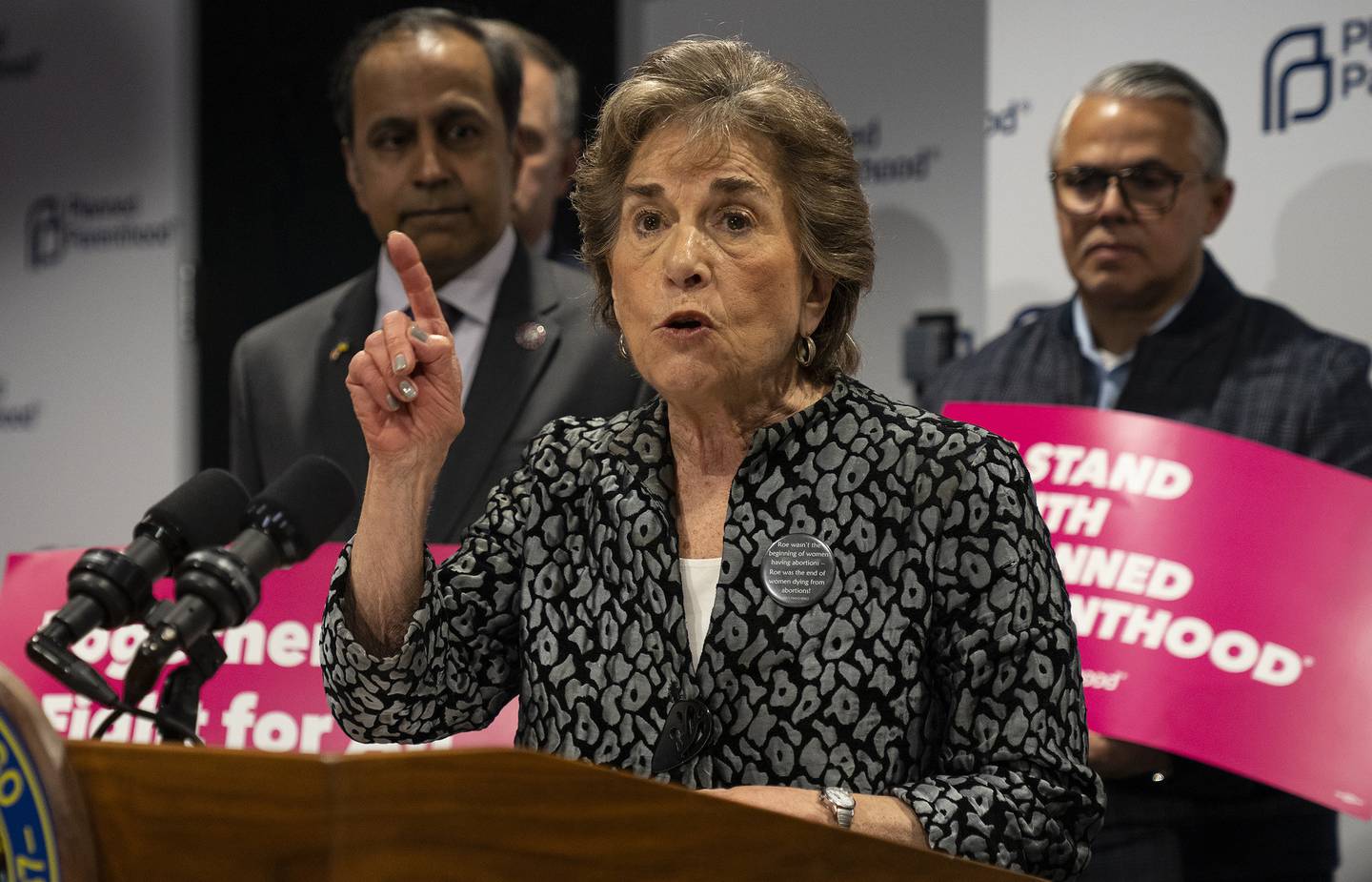 Rep. Jan Schakowsky joins Mayor Lori Lightfoot and Illinois members of Congress in the offices of Planned Parenthood of Illinois in reaction to the leaked draft decision from Supreme Court that showed their intention to overturn Roe v. Wade on May 3, 2022.