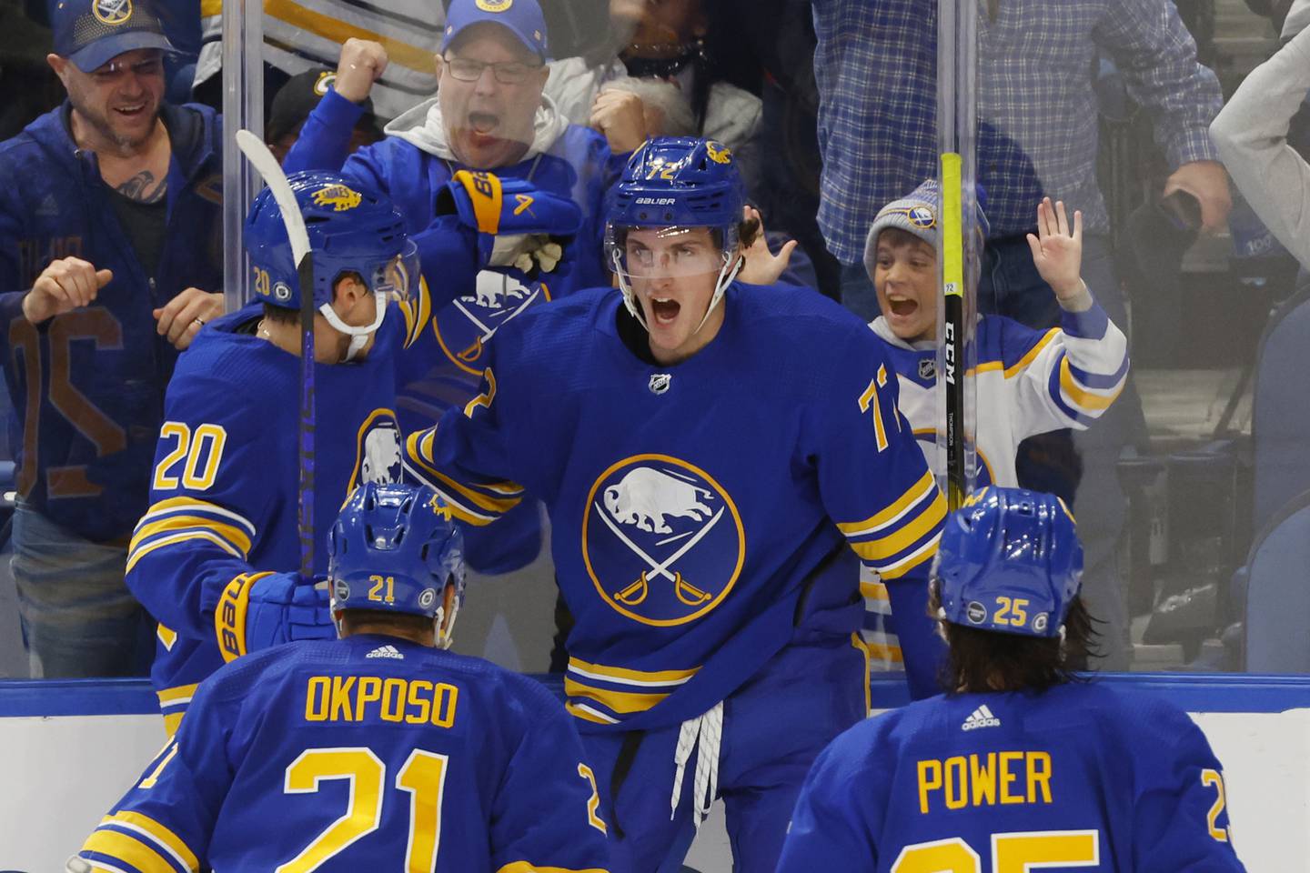 Sabres right wing Tage Thompson (72) celebrates his goal with teammates during the third period against the Blackhawks on Saturday in Buffalo, N.Y. 