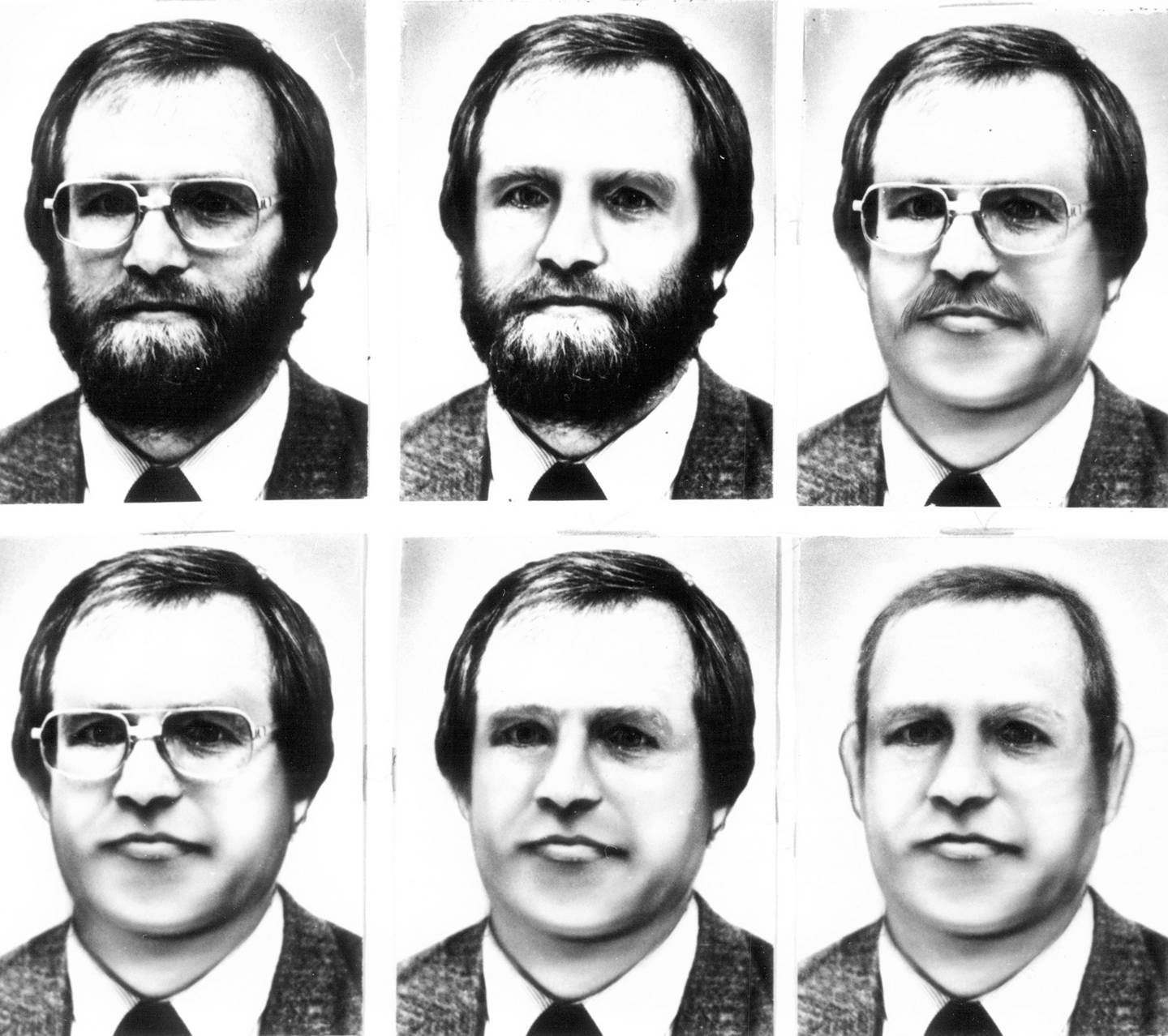 At top left is a photo of James Lewis from the time he was using the name Robert Richardson. Authorities distributed illustrations based on the photo that showed how he might have looked with and without glasses and with and without facial hair.