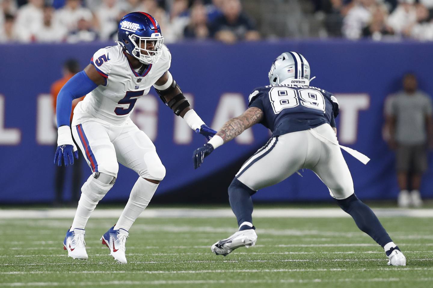 Giants defensive end Kayvon Thibodeaux drops back in coverage against Cowboys tight end Peyton Hendershot on Monday in East Rutherford, N.J. The Cowboys won 23-16. 