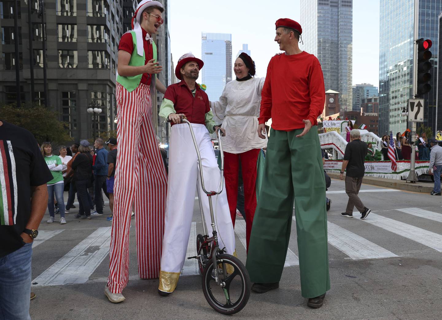 Performers wait for their turn during the 70th annual Columbus Day Parade on Oct. 10, 2022, in downtown Chicago. 