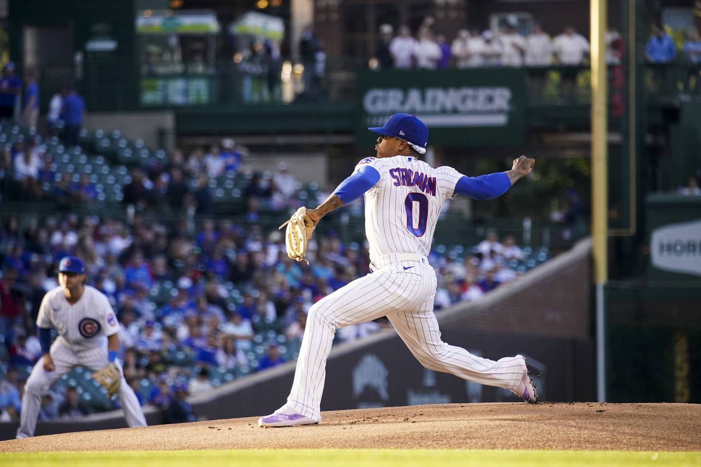 Cubs starting pitcher Marcus Stroman pitches during the first inning against the Nationals at Wrigley Field on Aug. 9, 2022.