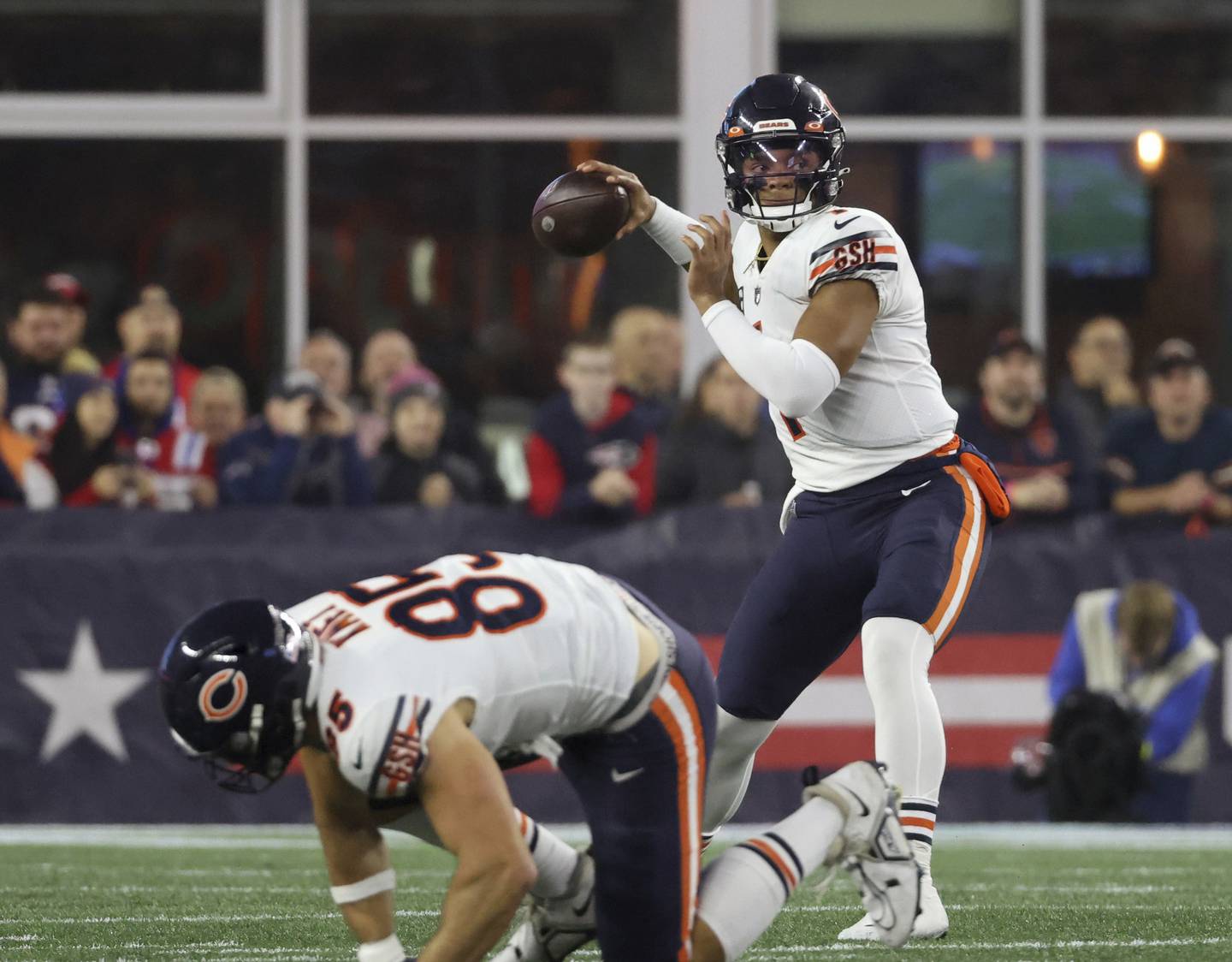 Bears quarterback Justin Fields winds up for a pass attempt in the second quarter against the Patriots on Monday at Gillette Stadium in Foxborough, Mass. 