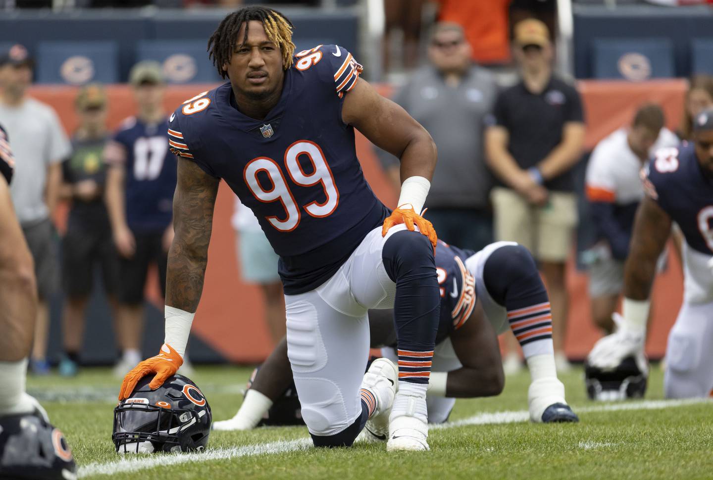 Bears linebacker Trevis Gipson stretches before a preseason game against the Chiefs on Aug. 13 at Soldier Field. 