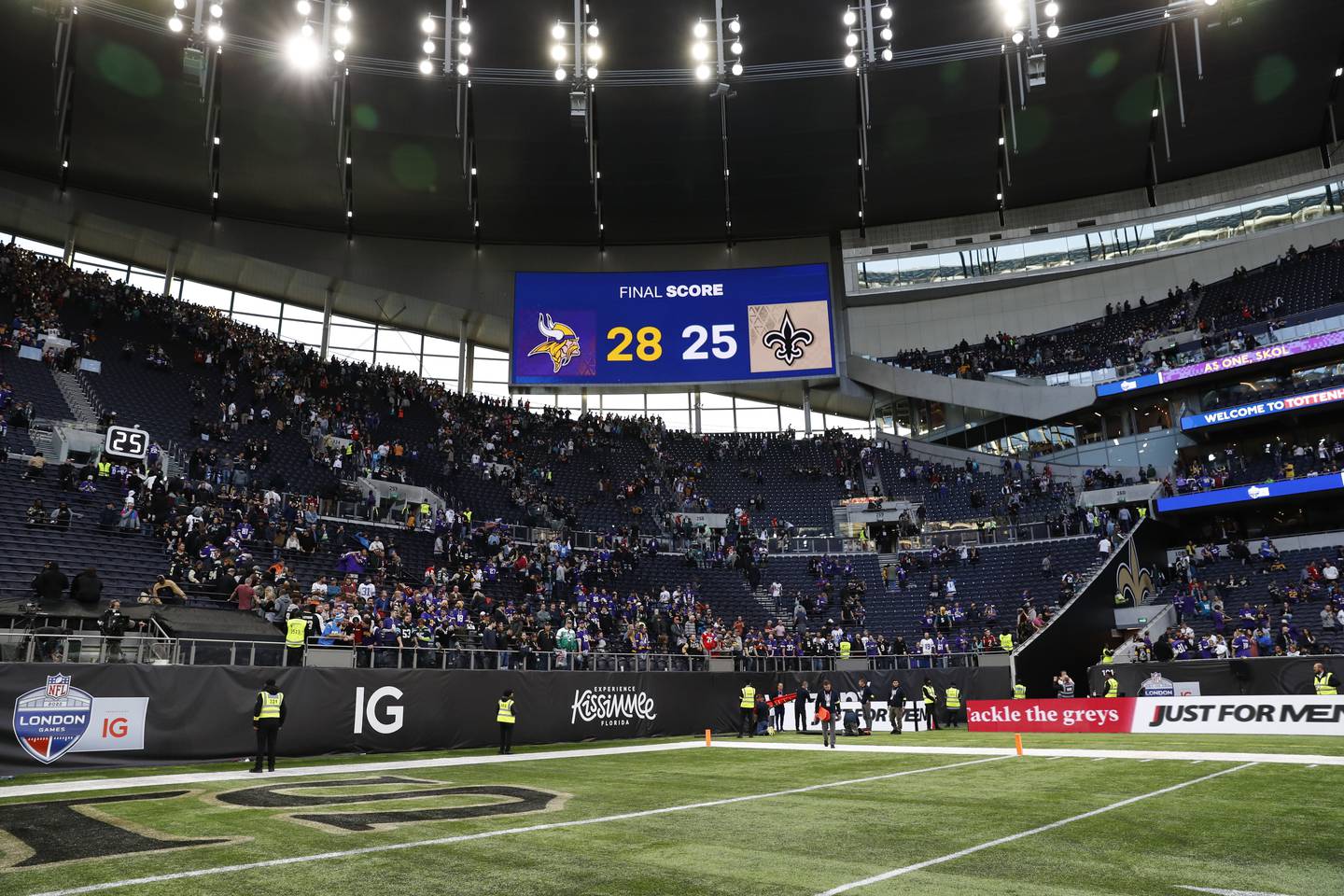 The general view of the screen showing the final score after an NFL game between the Saints and the Vikings on Sunday at Tottenham Hotspur Stadium in London. The Vikings won 28-25. 