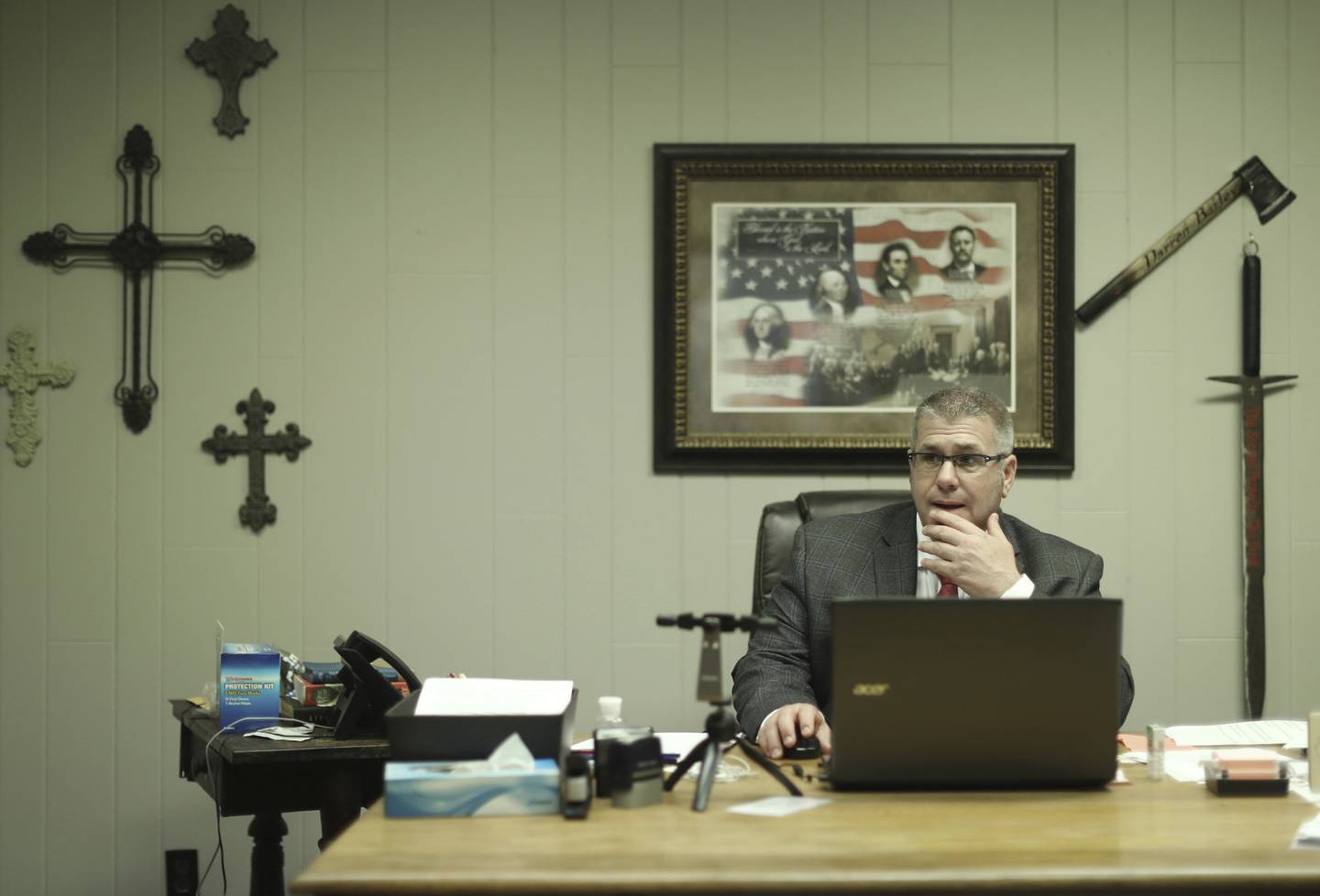 State Rep. Darren Bailey, R-Xenia, in his office in downstate Louisville.on April 29, 2020,