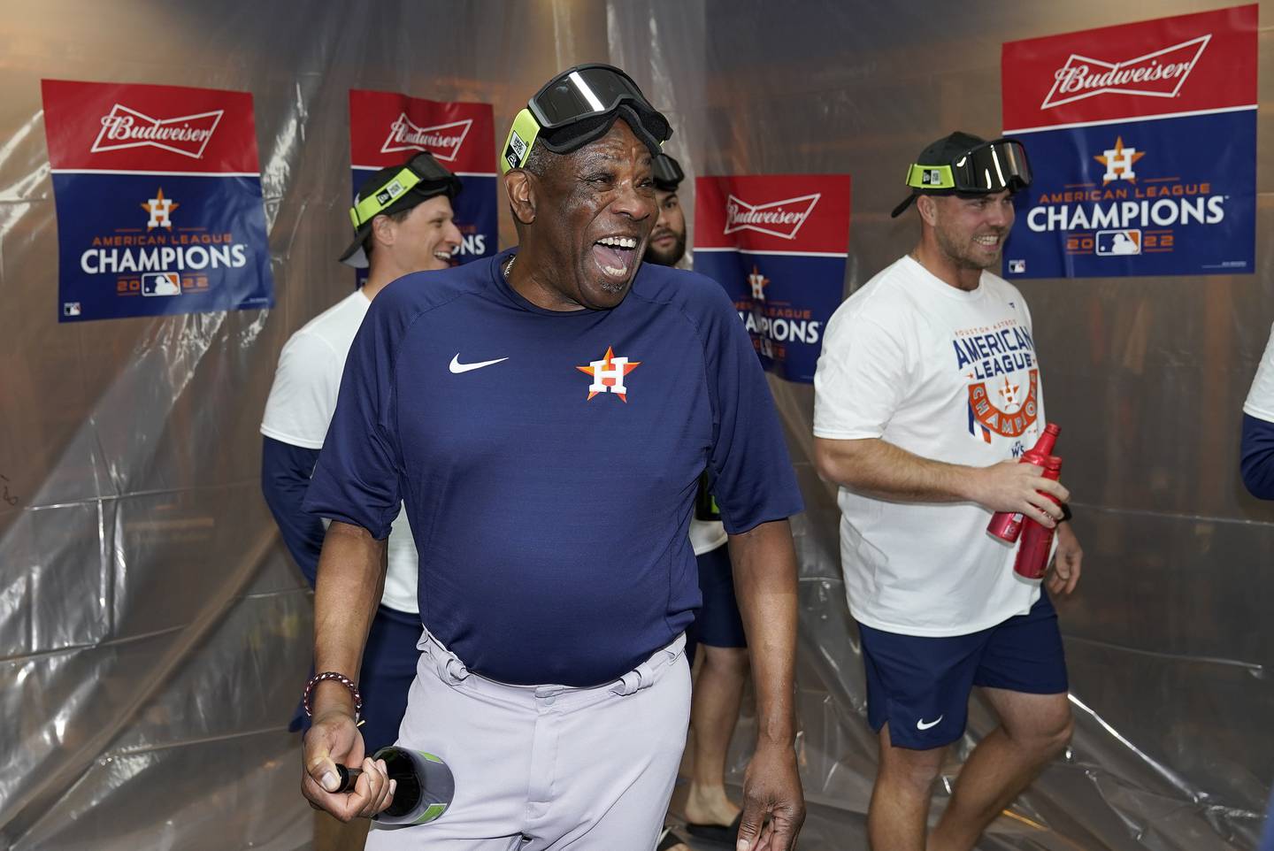 Astros manager Dusty Baker celebrates with his team in the locker room after defeating the Yankees in Game 4 to win the ALCS on Sunday, Oct. 23, 2022, in New York.